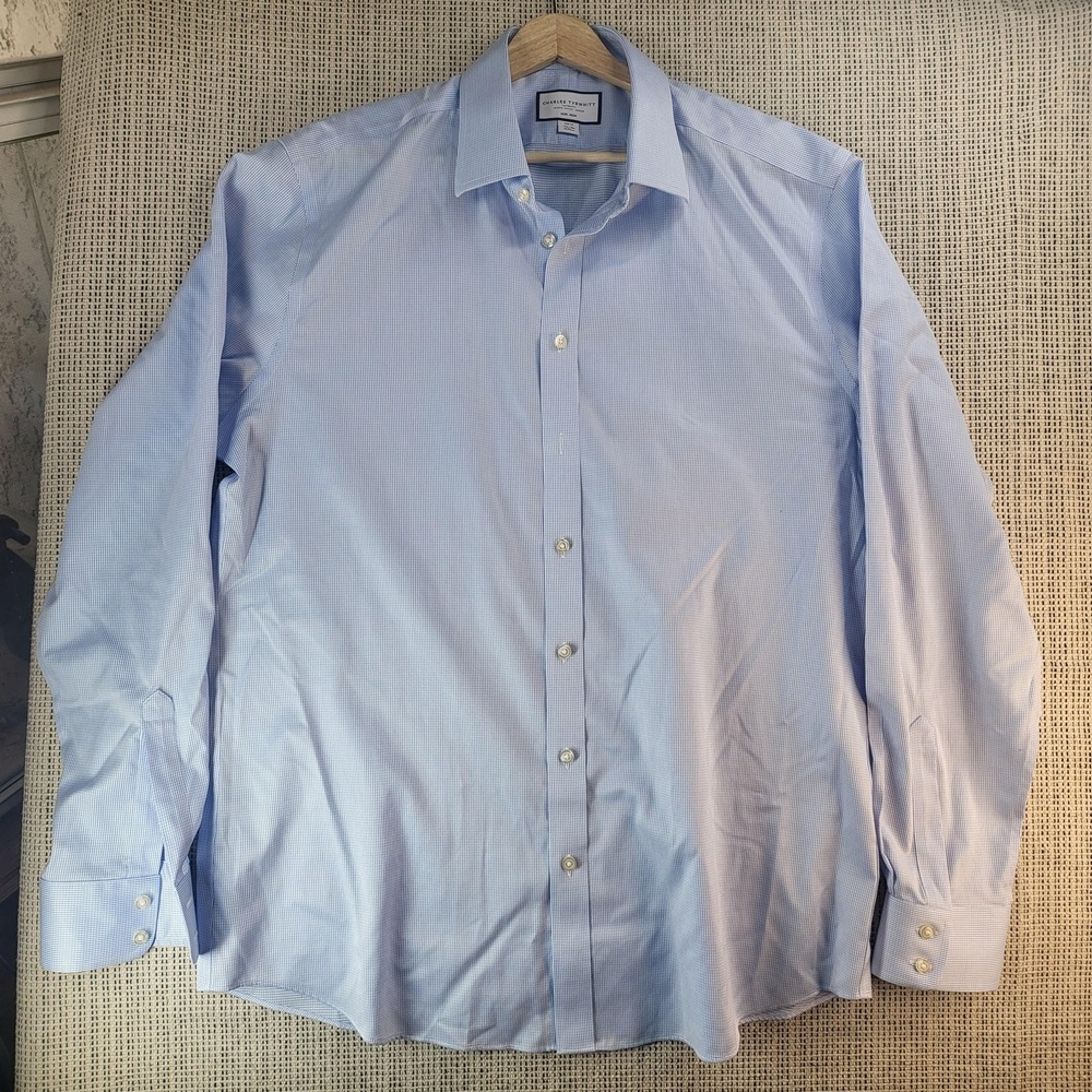 Charles Tyrwhitt Dress Shirt Mens 17.5 38in Non-Iron Slim Gingham Long Sleeve